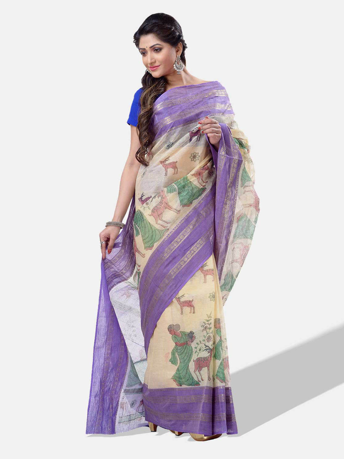 Women Sakuntala Design Pure Handloom Cotton Bengal Tant Saree Without Blouse Piece (Purple Off White)